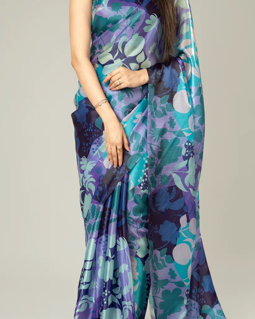 Floral Designs Heavy Satin Sarees With Plain Blouse