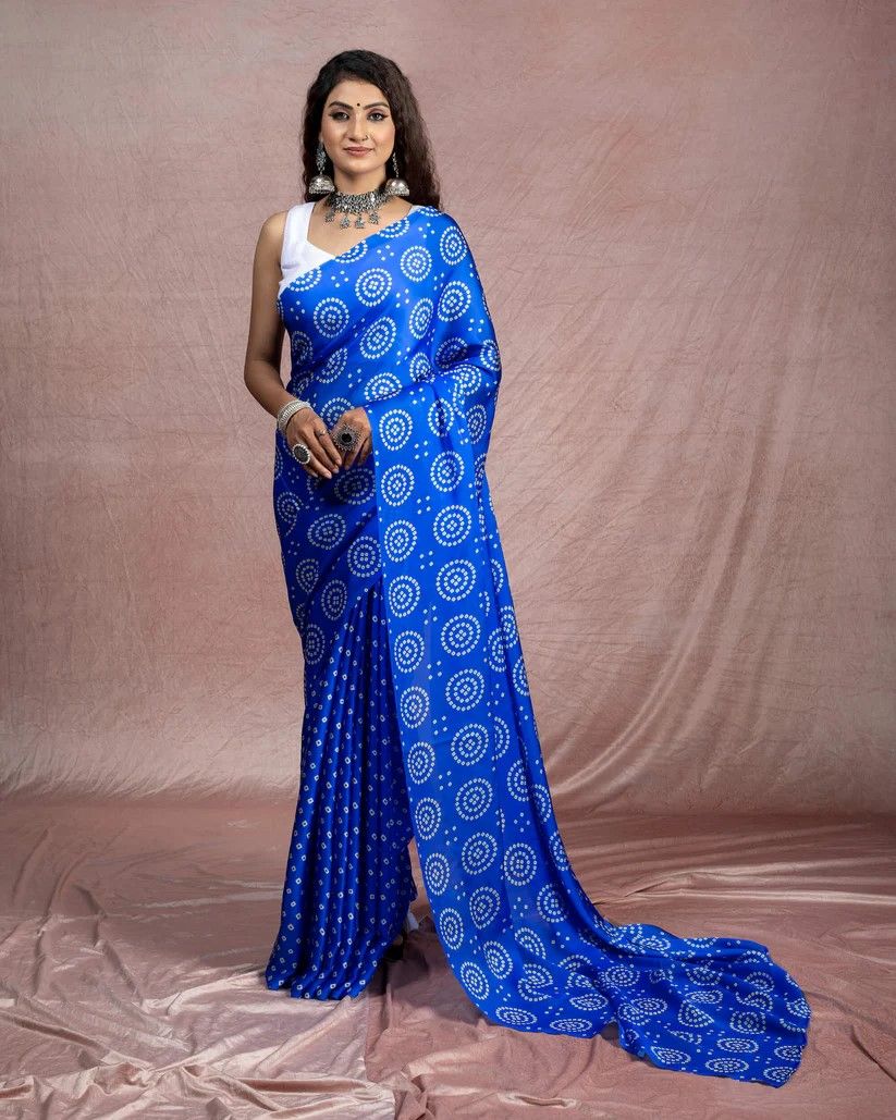 Printed Designs Heavy Satin Sarees With Plain Blouse
