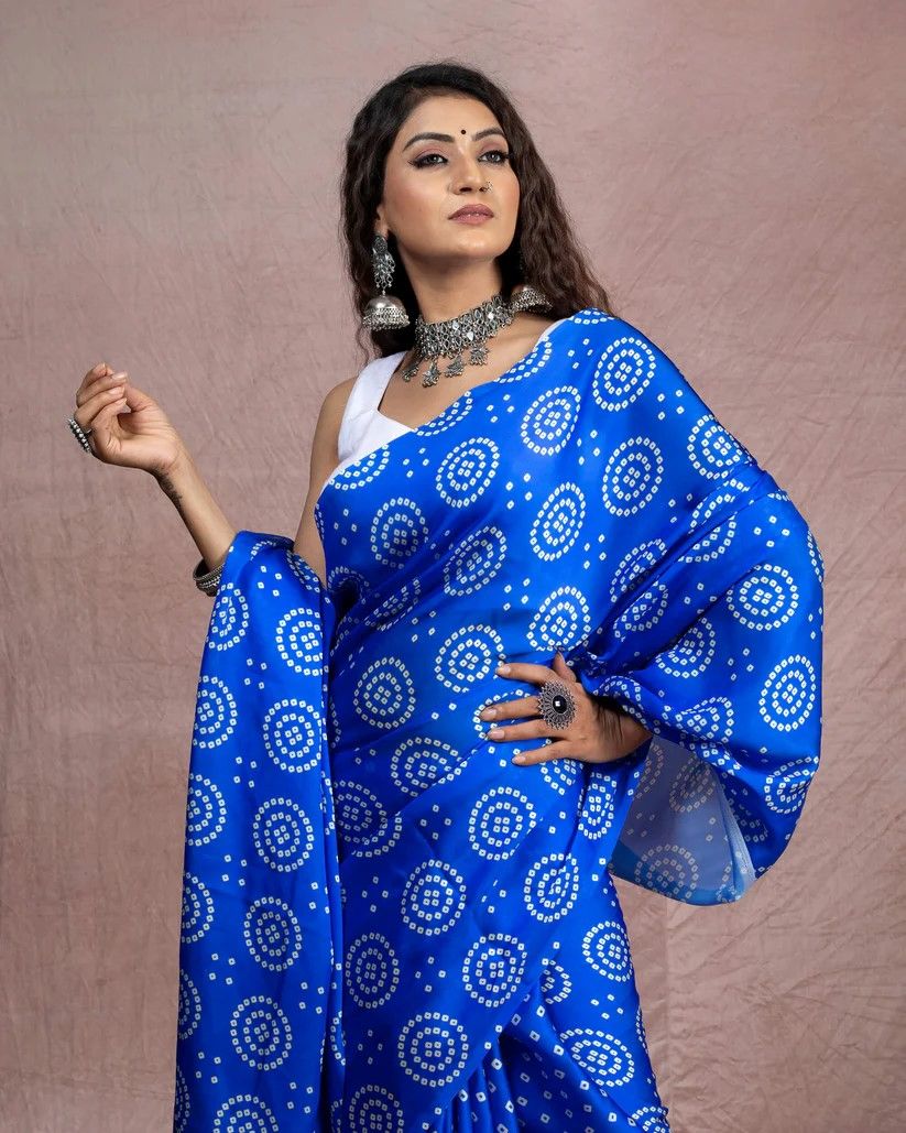 Printed Designs Heavy Satin Sarees With Plain Blouse