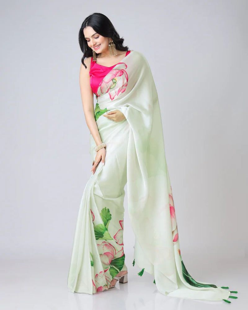 Floral Designs Heavy Satin Sarees With Plain Blouse