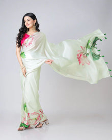 Floral Designs Heavy Satin Sarees With Plain Blouse
