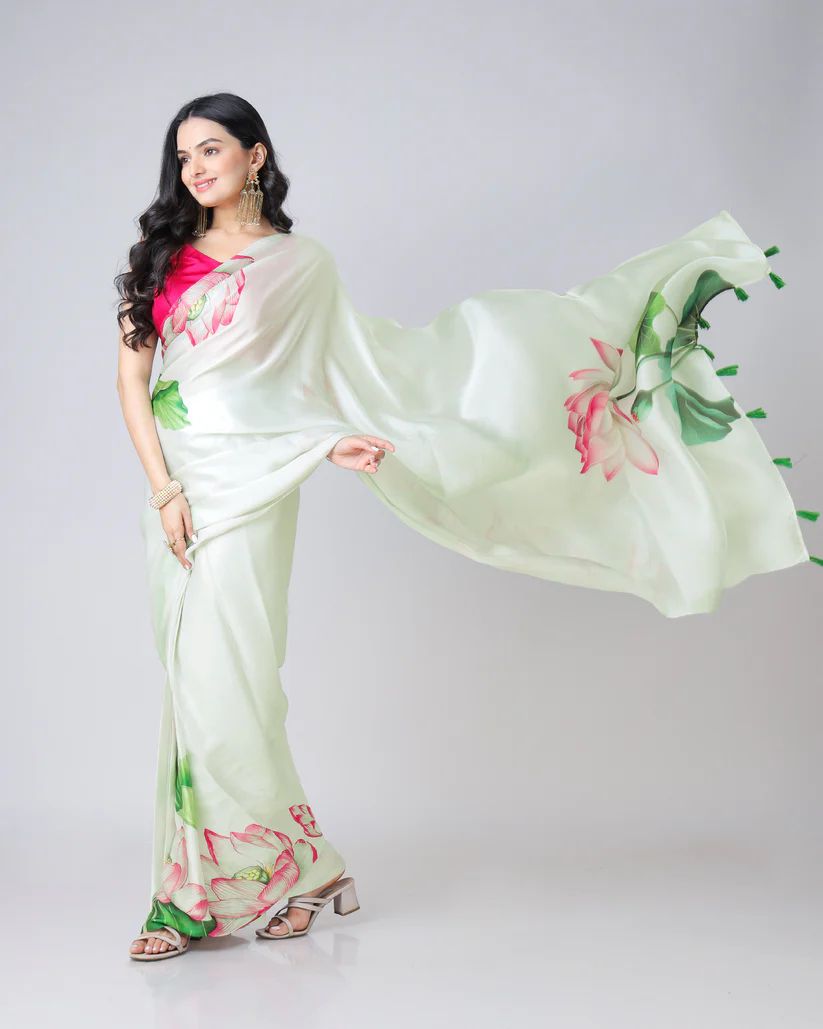 Floral Designs Heavy Satin Sarees With Plain Blouse