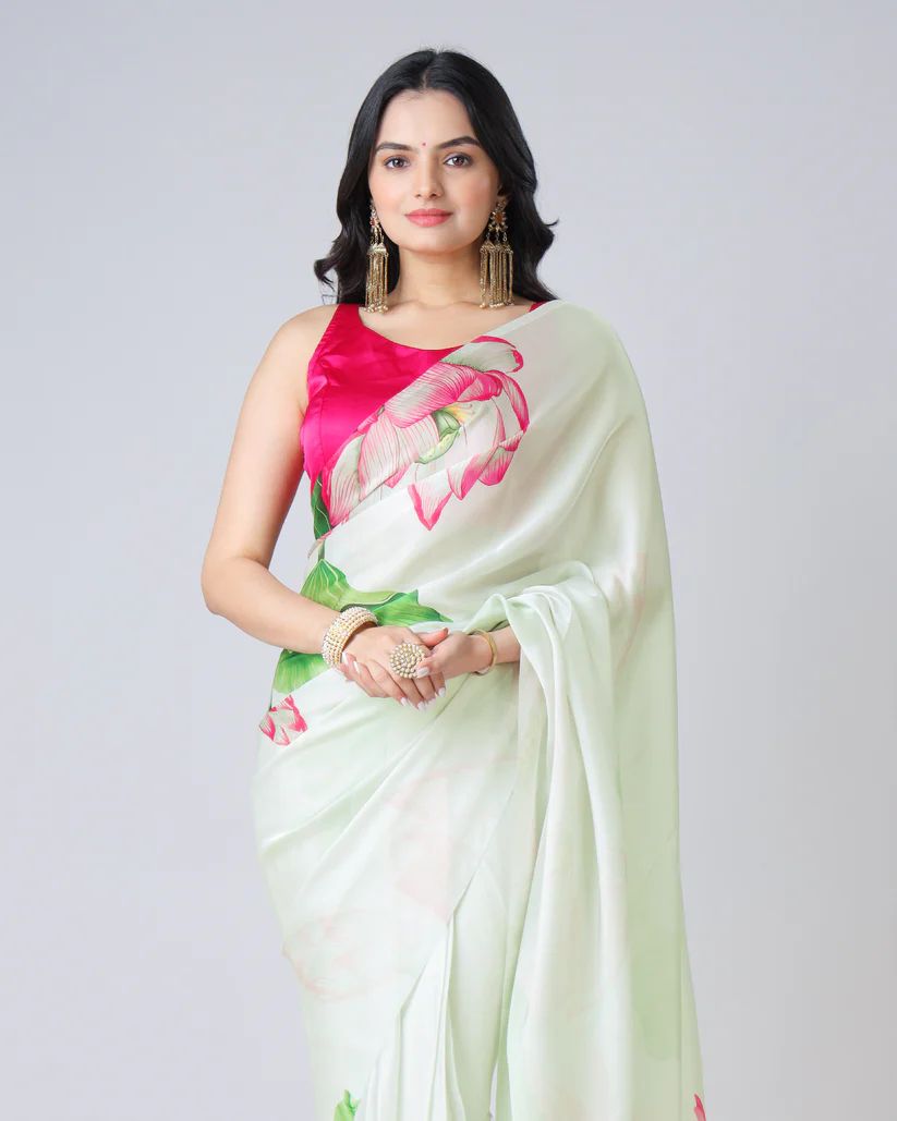 Floral Designs Heavy Satin Sarees With Plain Blouse