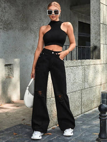 BLACK JEANS FOR WOMANS WIDE-LEG RIPPED JEANS