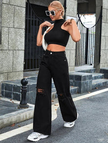 BLACK JEANS FOR WOMANS WIDE-LEG RIPPED JEANS