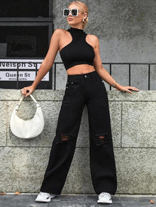 BLACK JEANS FOR WOMANS WIDE-LEG RIPPED JEANS