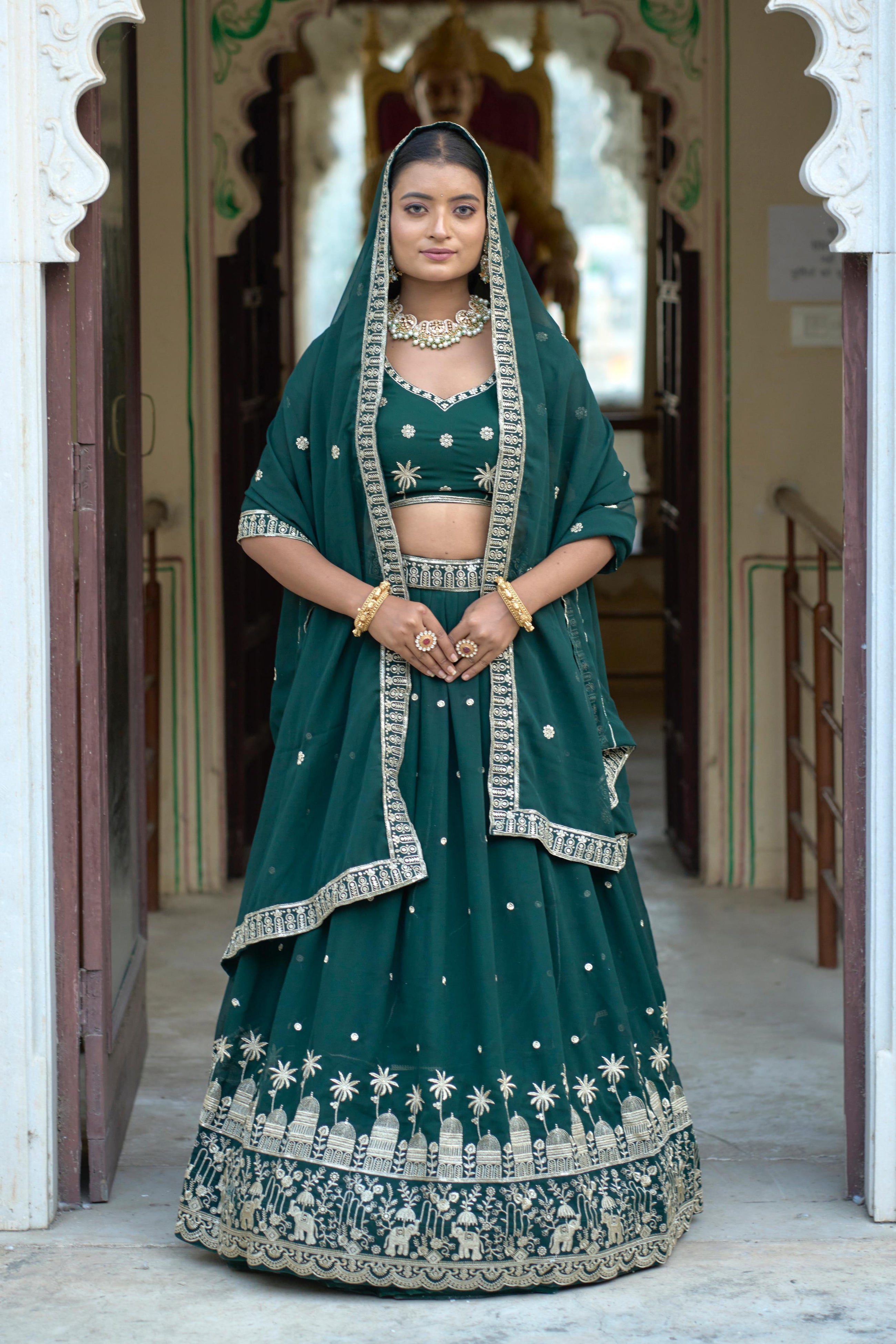 Stunning Green Embroidery Gorgette Lehenga 👜✨