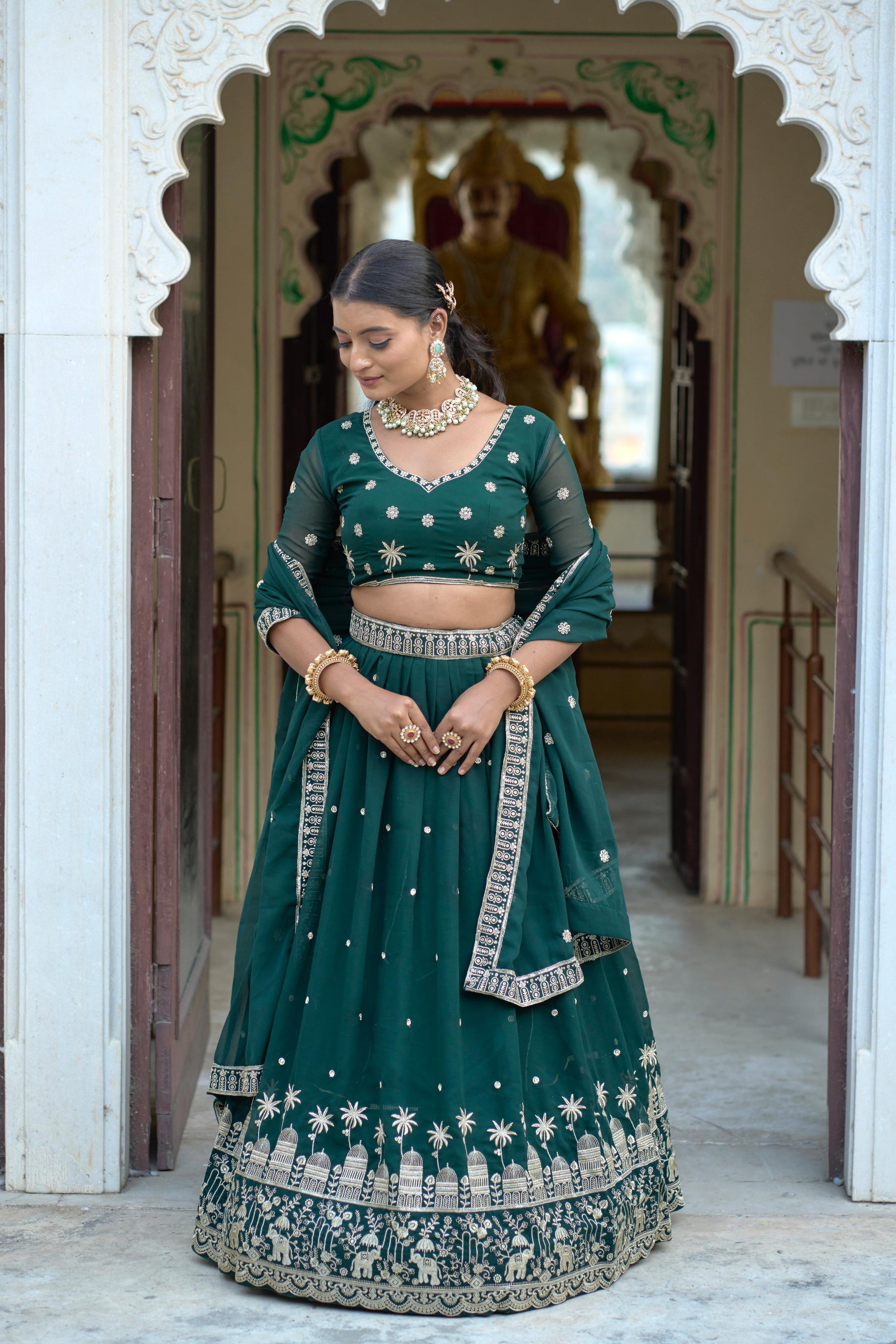 Stunning Green Embroidery Gorgette Lehenga 👜✨