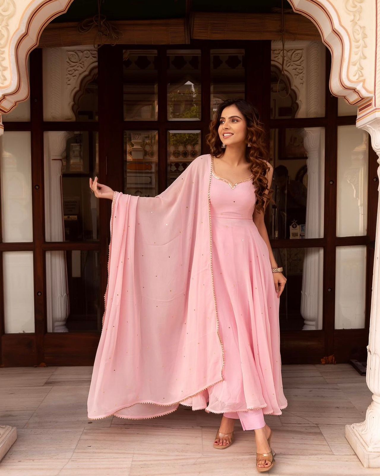 Baby Pink Georgette Beautiful Gown With Duppta For Women's