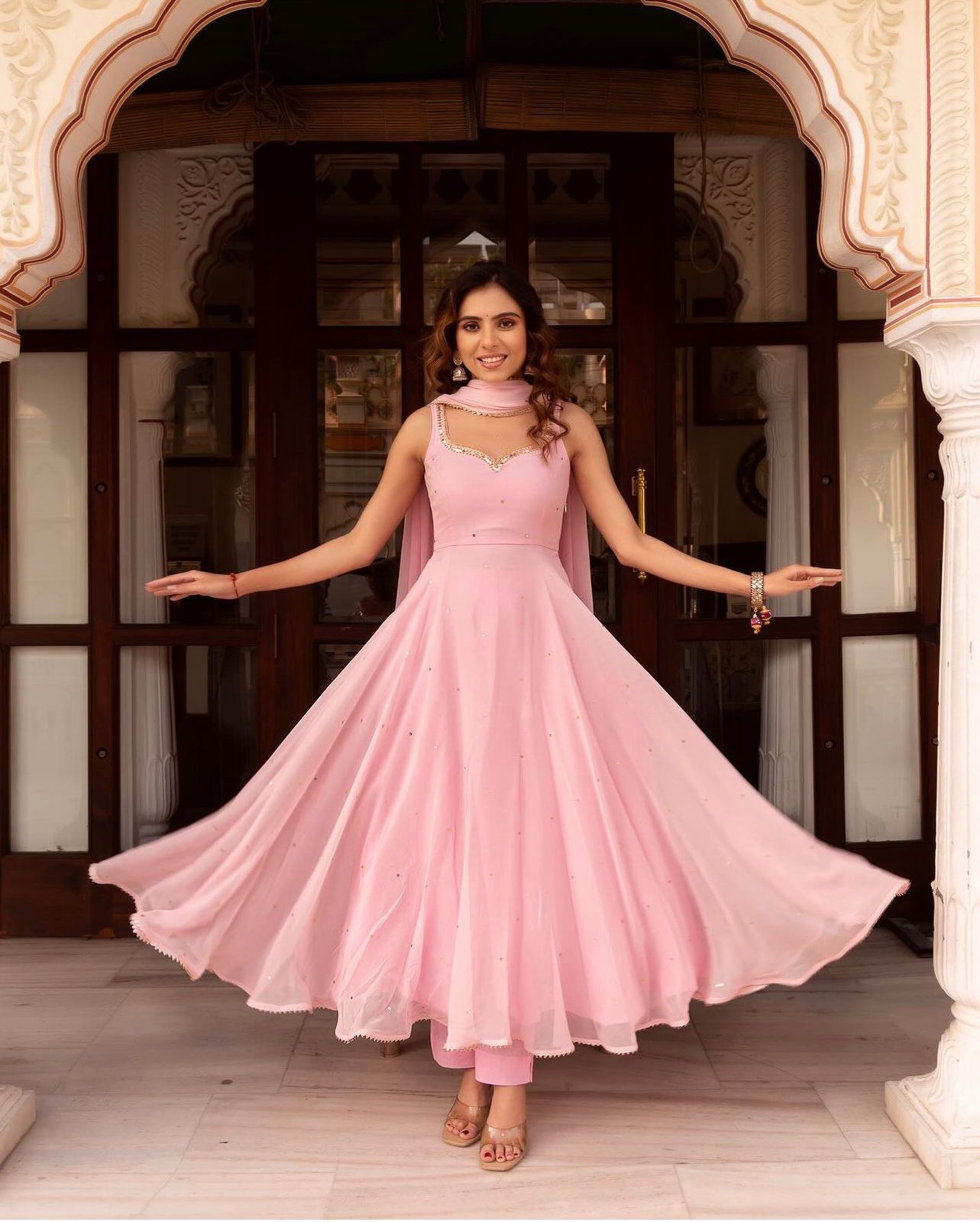 Baby Pink Georgette Beautiful Gown With Duppta For Women's