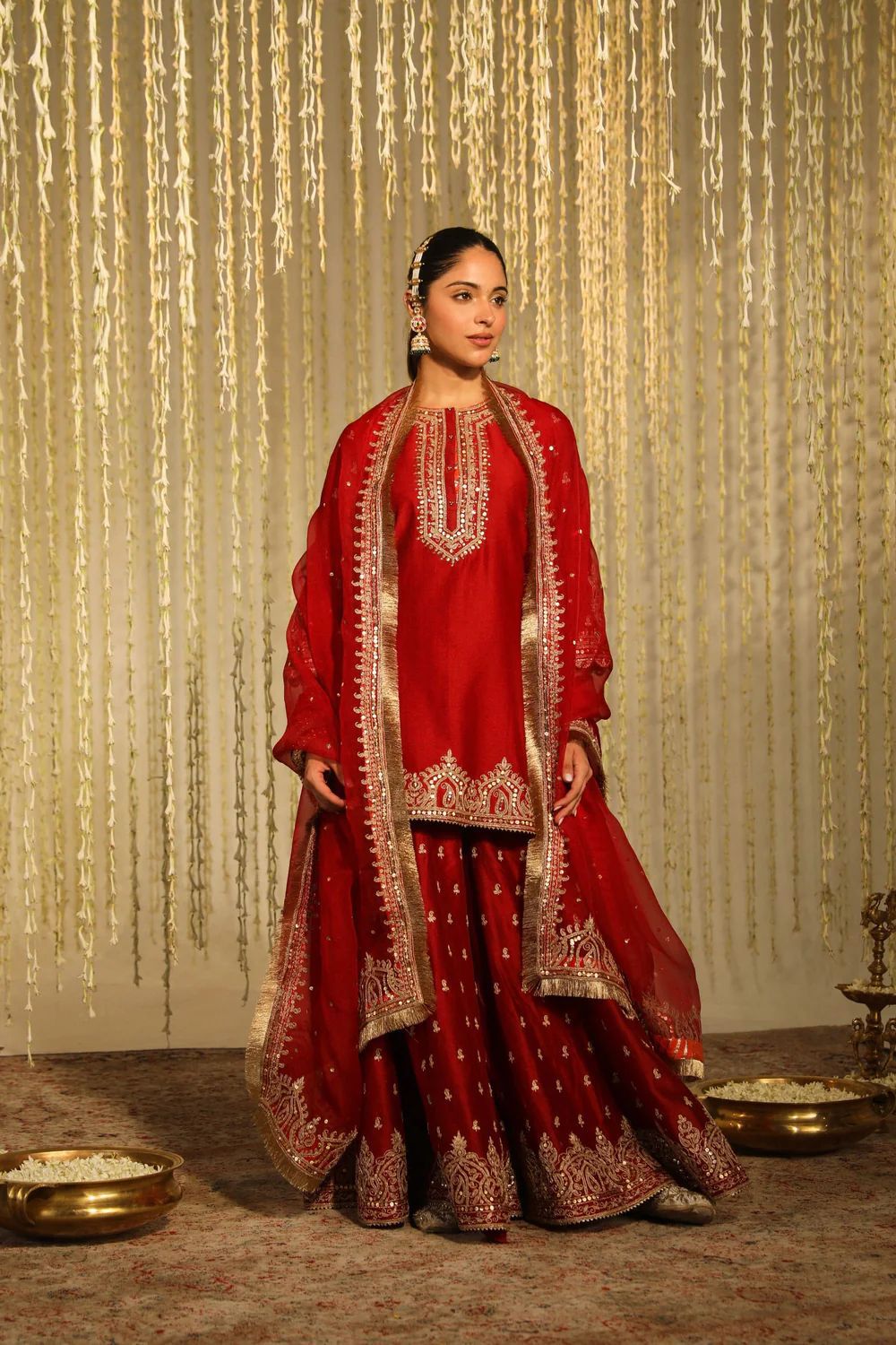 RED CHINON SILK SHARARA WITH THREAD & SEQUNCE WORK