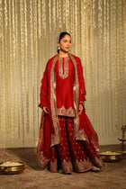 RED CHINON SILK SHARARA WITH THREAD & SEQUNCE WORK