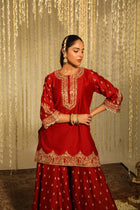 RED CHINON SILK SHARARA WITH THREAD & SEQUNCE WORK