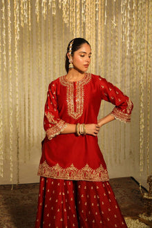 RED CHINON SILK SHARARA WITH THREAD & SEQUNCE WORK