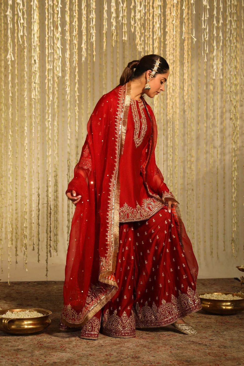 RED CHINON SILK SHARARA WITH THREAD & SEQUNCE WORK