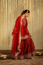 RED CHINON SILK SHARARA WITH THREAD & SEQUNCE WORK
