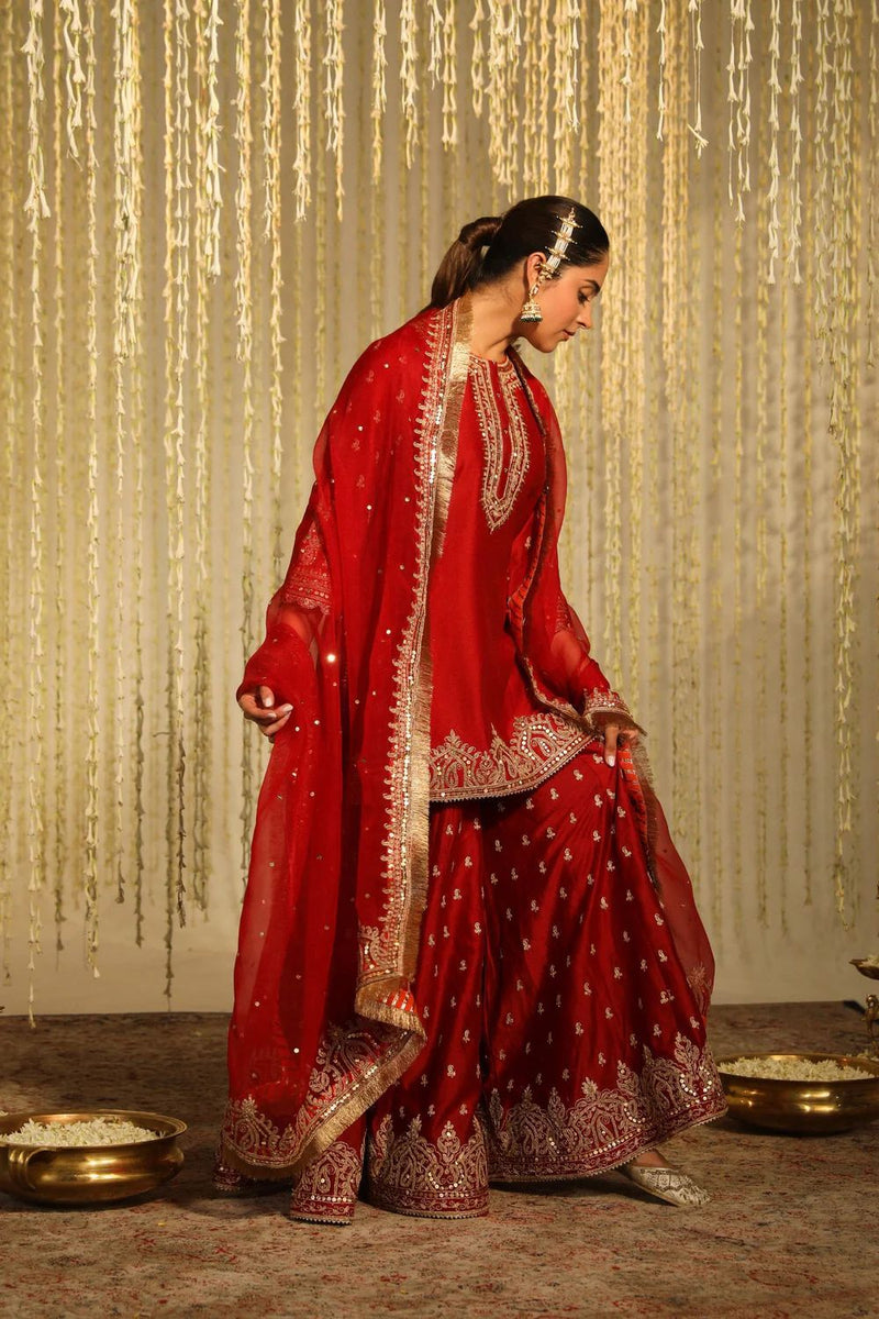 RED CHINON SILK SHARARA WITH THREAD & SEQUNCE WORK