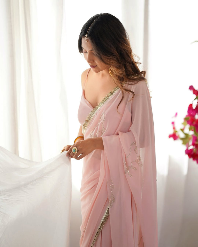 Georgette Saree With Katdana Handwork Butta Work & Readyment Lace