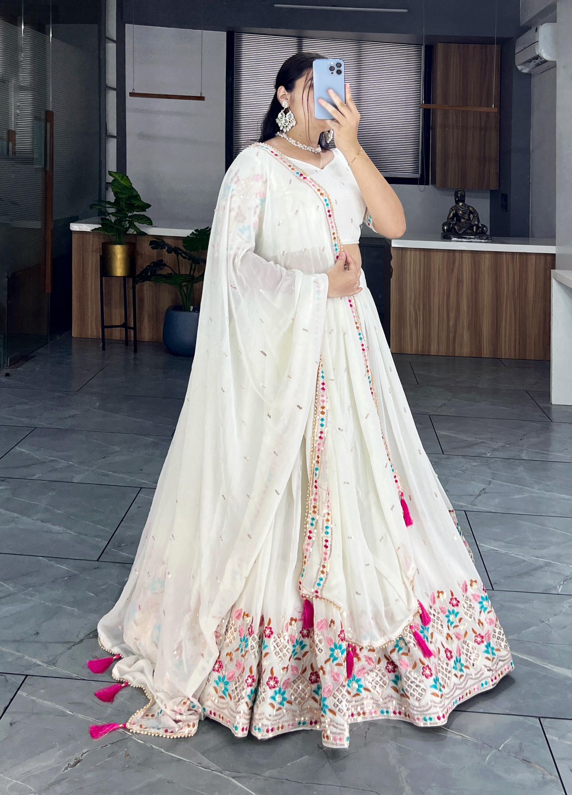 Classical OffWhite Embroidered Gorgette Lehenga