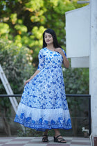 BLUE FLORAL PRINTED FLAIRY KURTI FOR WOMENS