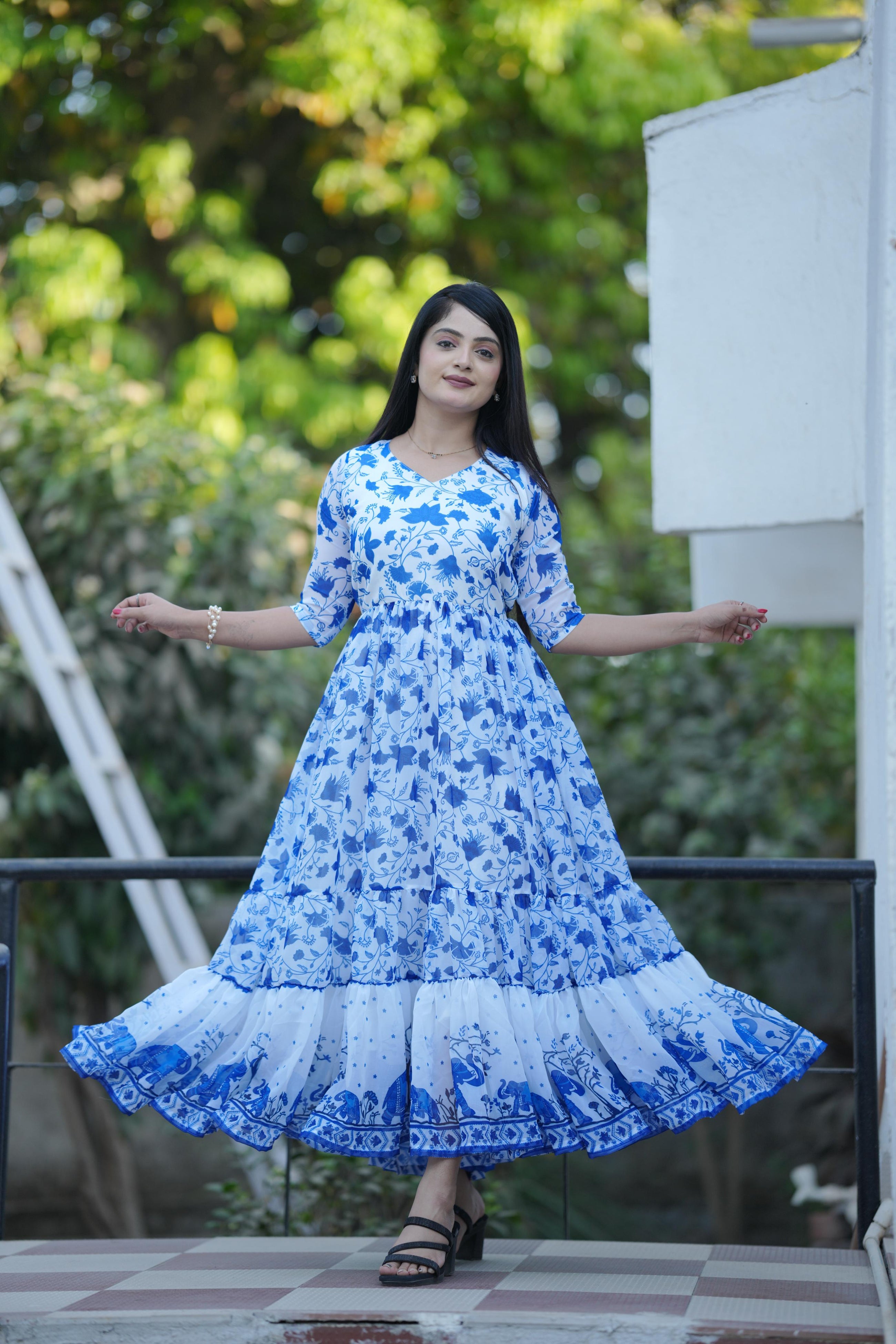 BLUE FLORAL PRINTED FLAIRY KURTI FOR WOMENS
