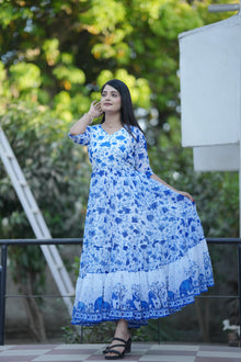 BLUE FLORAL PRINTED FLAIRY KURTI FOR WOMENS