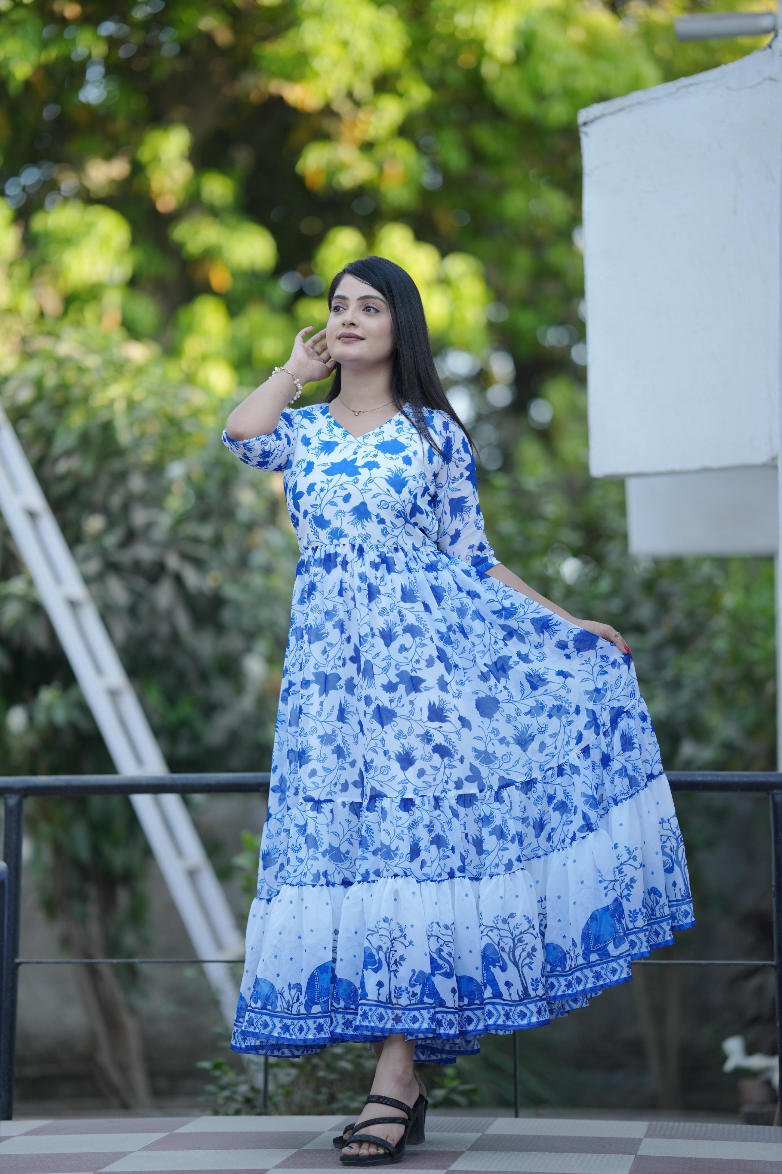 BLUE FLORAL PRINTED FLAIRY KURTI FOR WOMENS