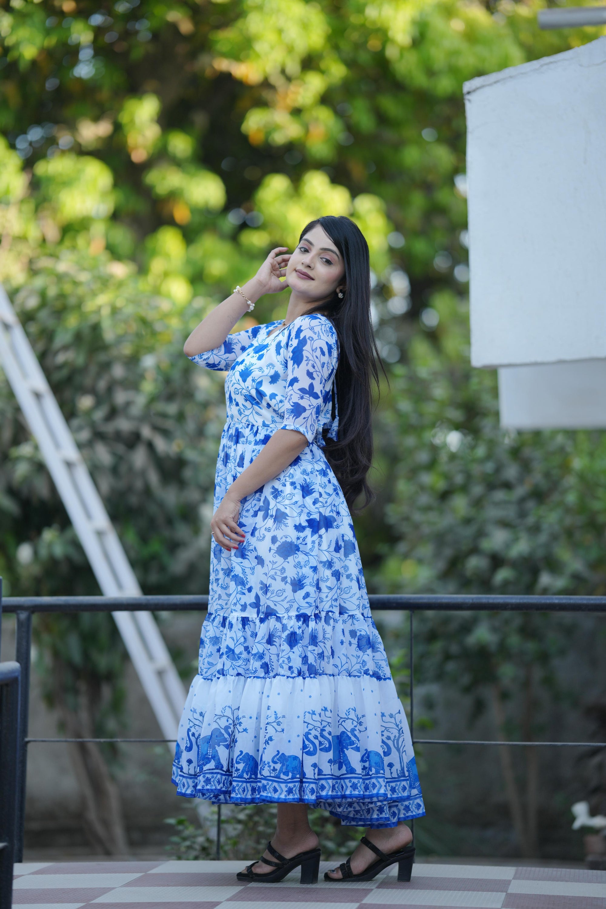 BLUE FLORAL PRINTED FLAIRY KURTI FOR WOMENS