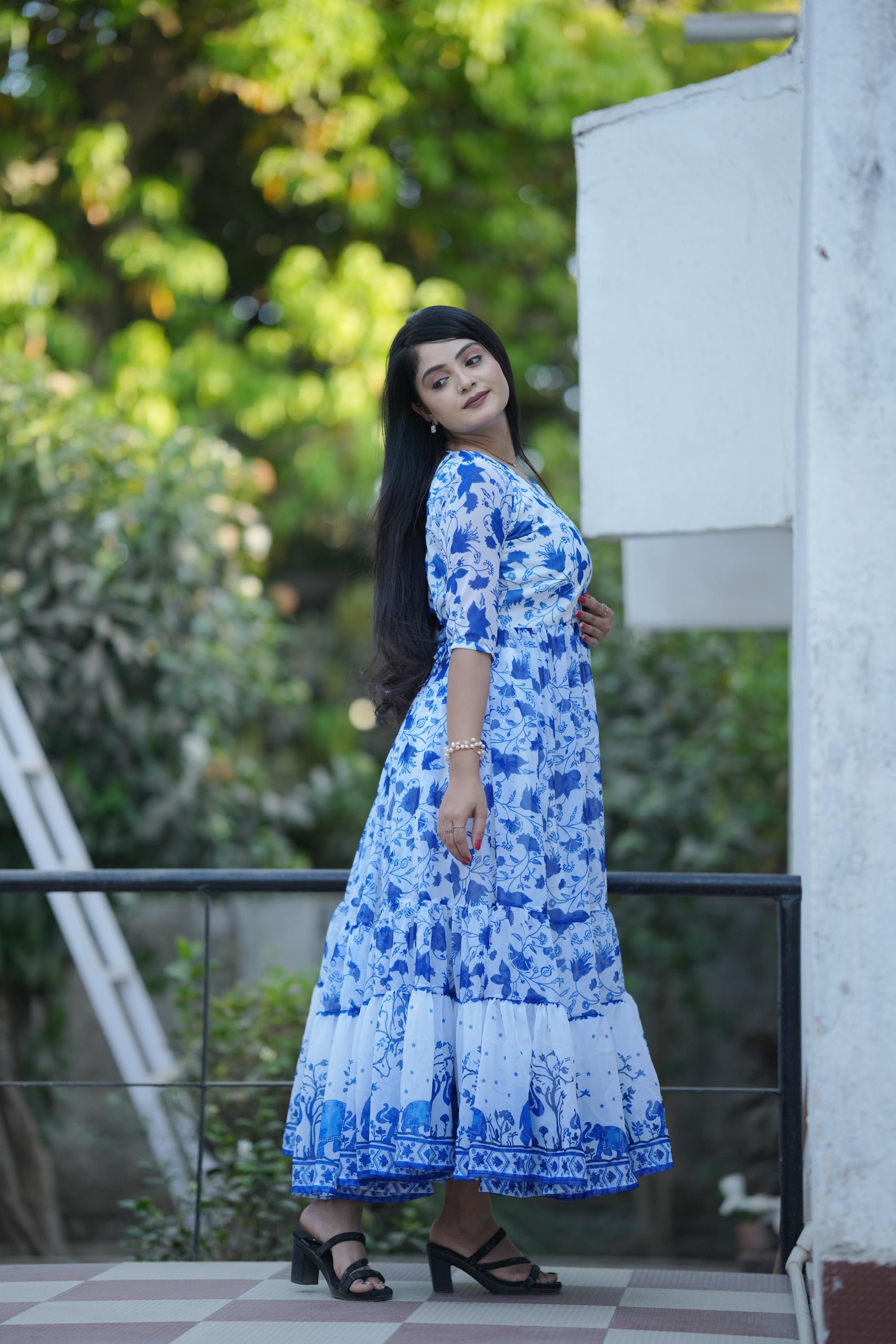 BLUE FLORAL PRINTED FLAIRY KURTI FOR WOMENS