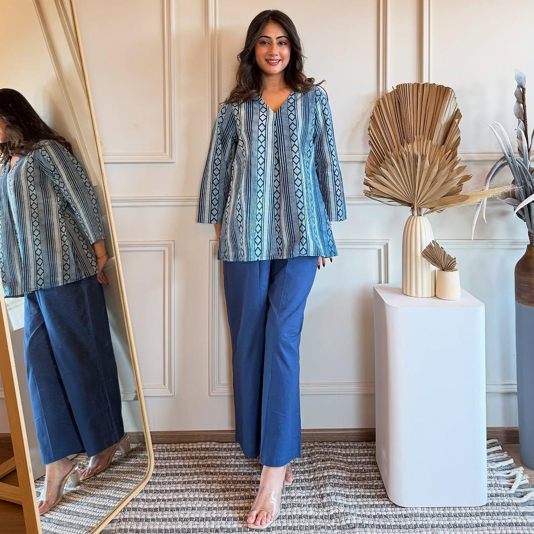 Beautiful Blue Cotton Top-Plazo Pant