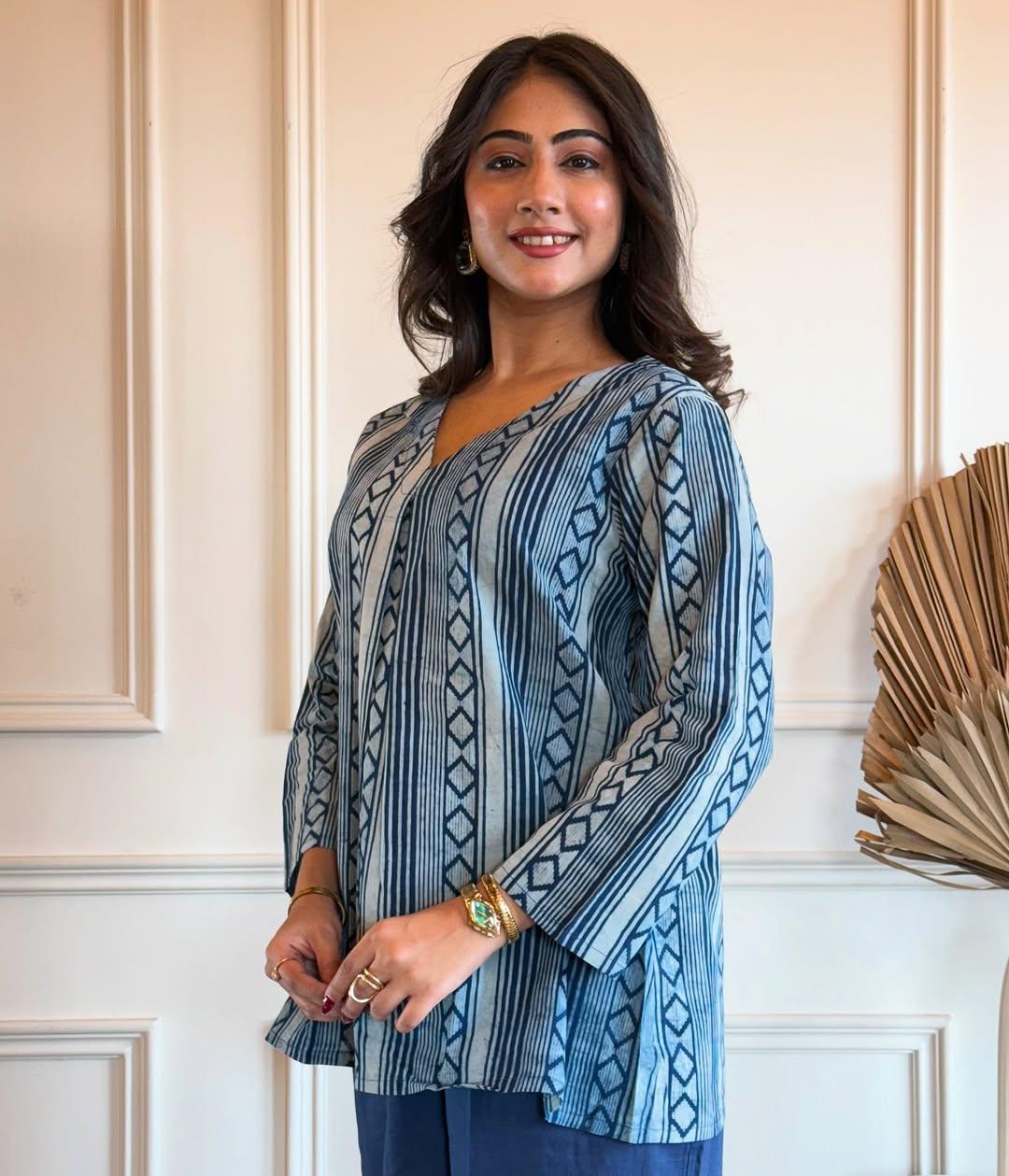 Beautiful Blue Cotton Top-Plazo Pant