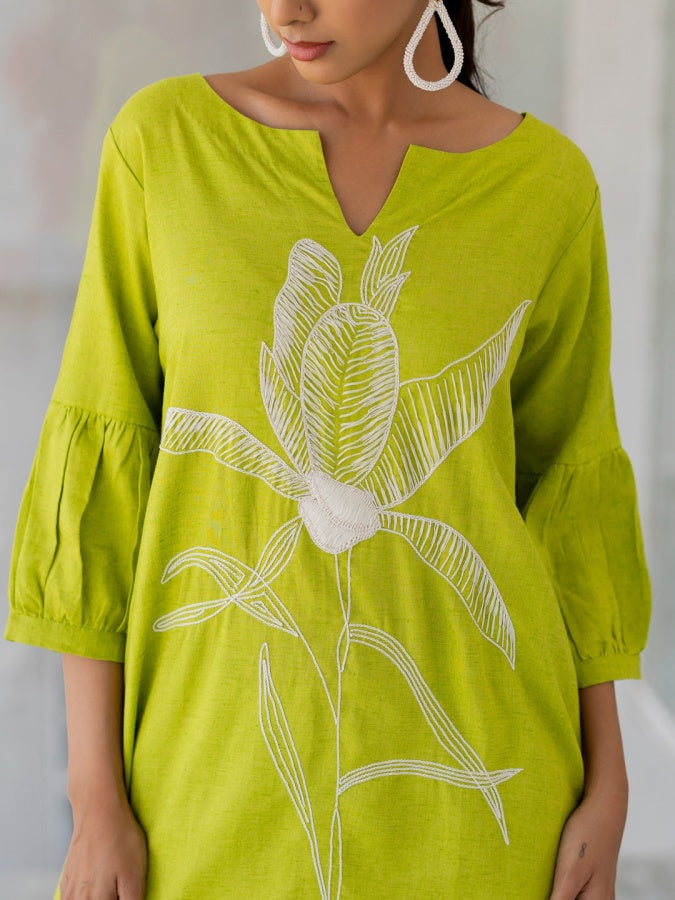 A-line Kurta Style Made From High-Quality Cotton Flex, Embellished With Embroidery Work On Top