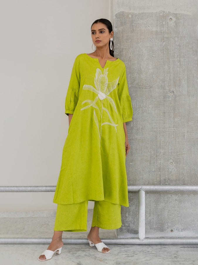A-line Kurta Style Made From High-Quality Cotton Flex, Embellished With Embroidery Work On Top