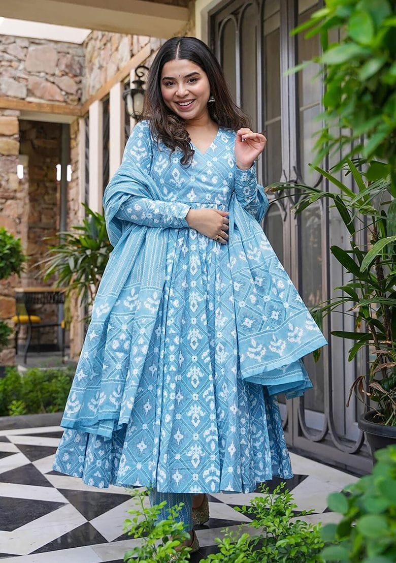 Beautiful Heavy Cotton 60*60 Printed Anarkali Kurti And Full Printed Pant And Dupatta