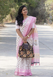 Linen Saree With Silver Jari Patta