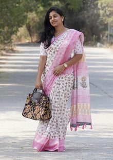 Linen Saree With Silver Jari Patta