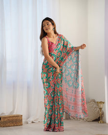 Amazing Heavy Chinnon Saree With Printed Design On Blouse