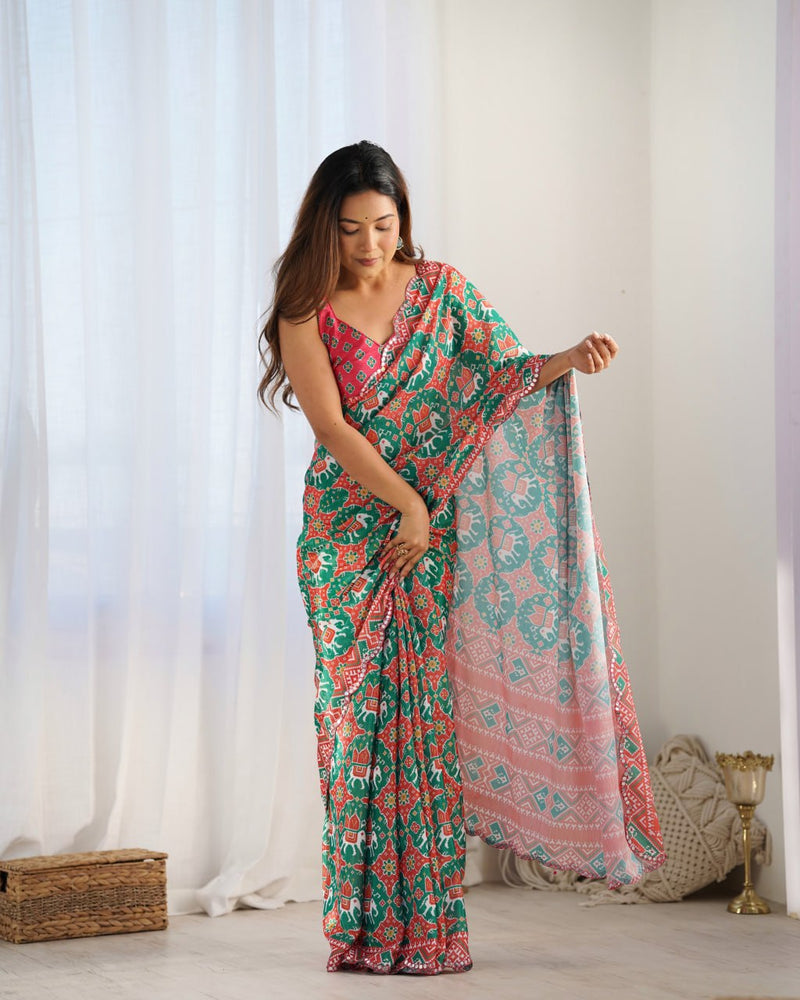 Amazing Heavy Chinnon Saree With Printed Design On Blouse