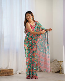 Amazing Heavy Chinnon Saree With Printed Design On Blouse