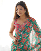 Amazing Heavy Chinnon Saree With Printed Design On Blouse