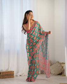 Amazing Heavy Chinnon Saree With Printed Design On Blouse