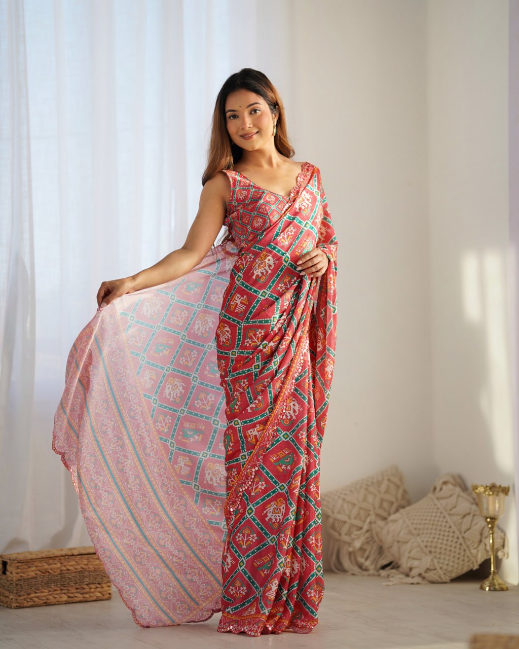 Beautiful And Amazing Heavy Chinnon Saree With Printed Blouse Design