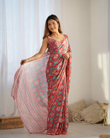 Beautiful And Amazing Heavy Chinnon Saree With Printed Blouse Design