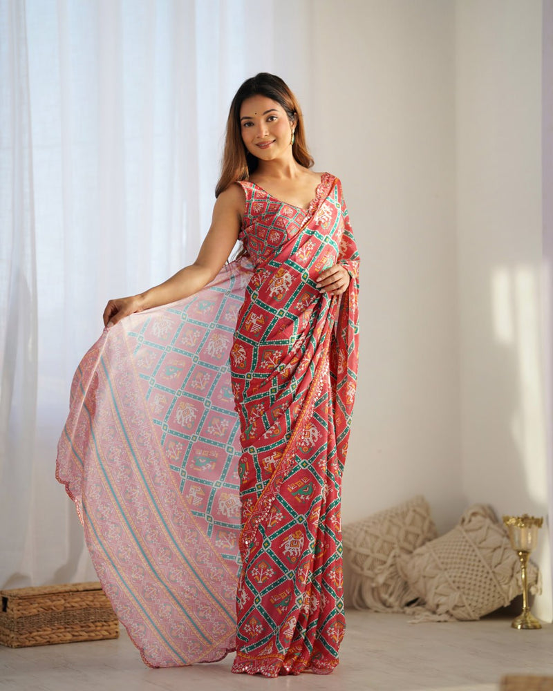 Beautiful And Amazing Heavy Chinnon Saree With Printed Blouse Design