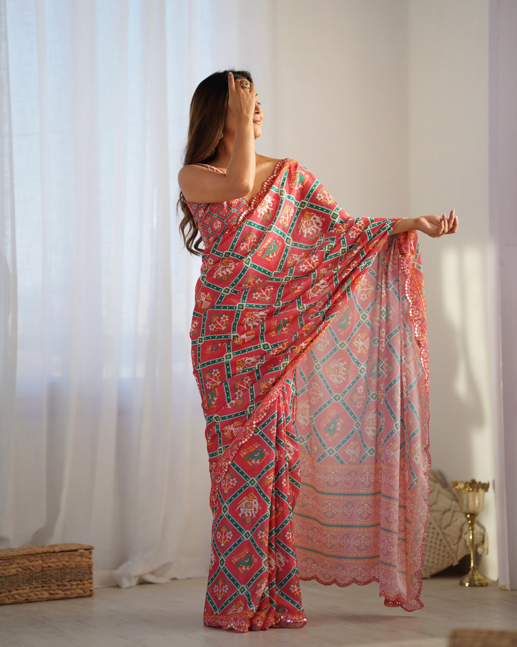 Beautiful And Amazing Heavy Chinnon Saree With Printed Blouse Design