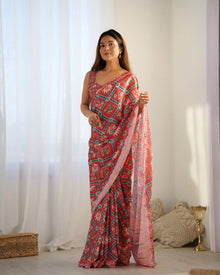 Beautiful And Amazing Heavy Chinnon Saree With Printed Blouse Design