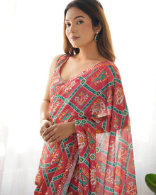 Beautiful And Amazing Heavy Chinnon Saree With Printed Blouse Design