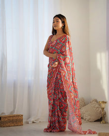 Beautiful And Amazing Heavy Chinnon Saree With Printed Blouse Design