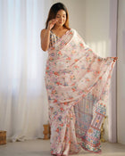 Amazing Heavy Chinnon Saree With Printed Design For Women's