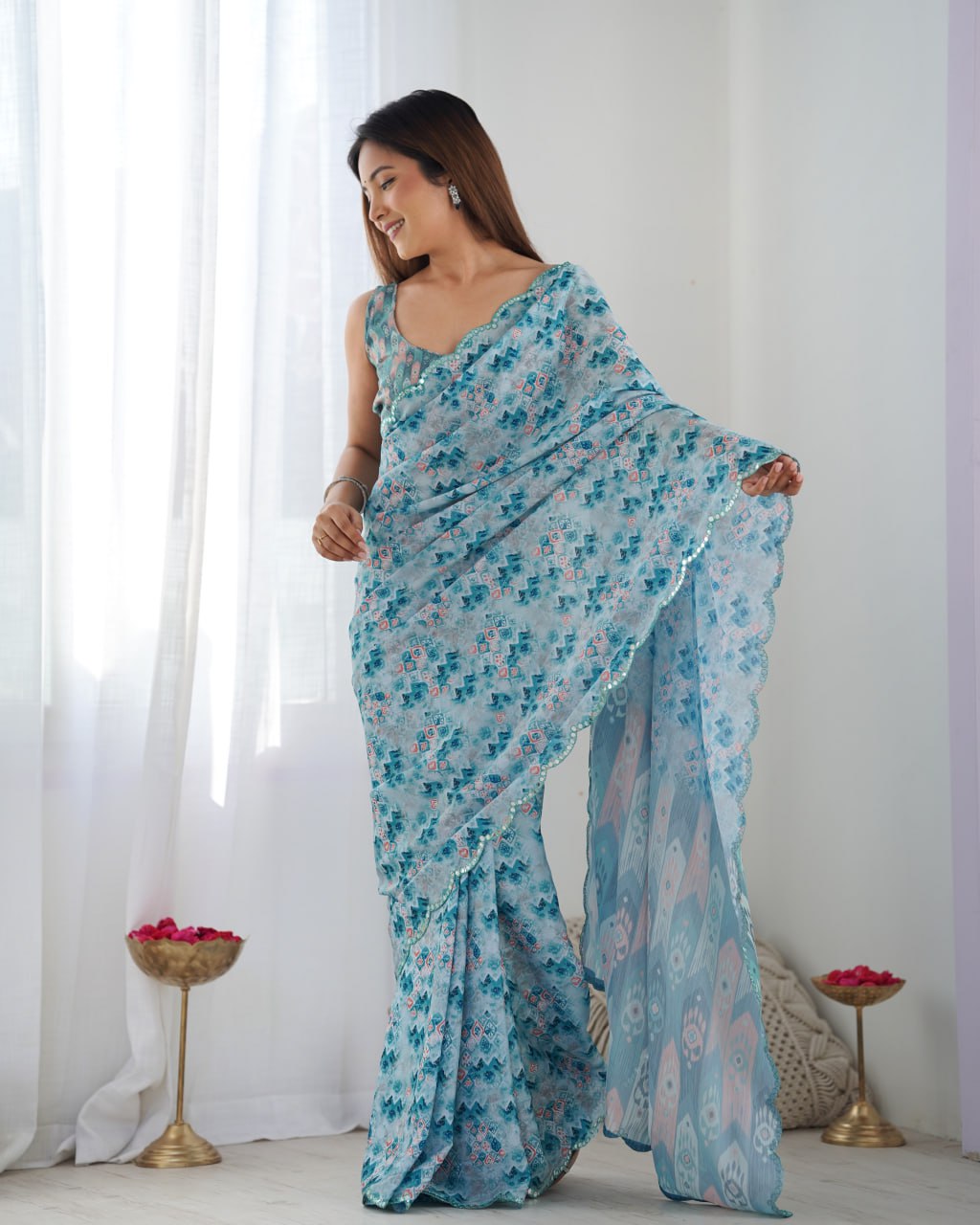 Beautiful And Amazing Chinnon Saree With Printed Blouse